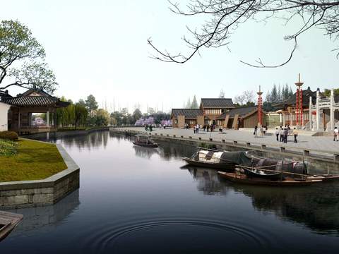 Neo-Chinese Style river park landscape psd