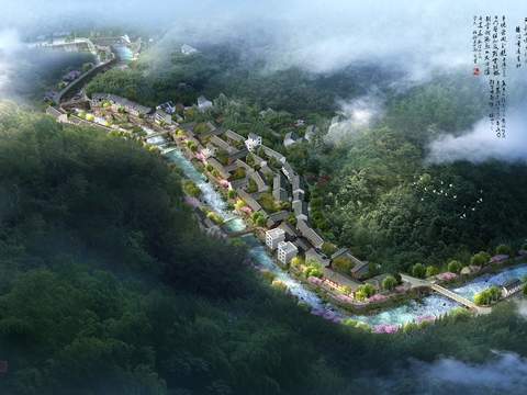 Neo-Chinese Style mountain villa bird's eye view psd