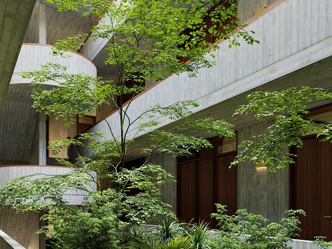 Landscape of green plants in building atrium