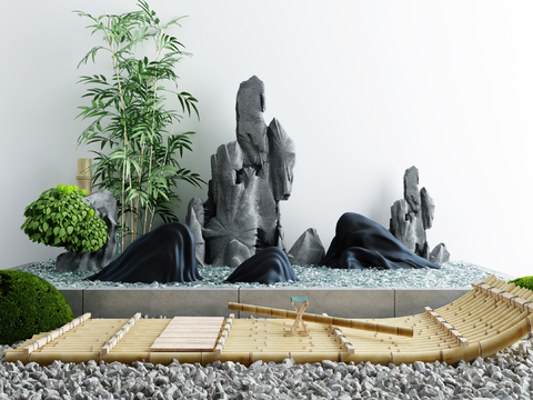 New Chinese-style rockery bamboo raft sketch