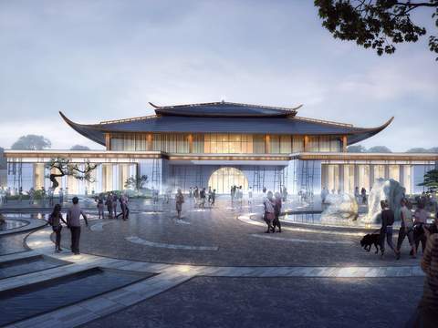 Neo-Chinese Style architectural appearance garden landscape psd