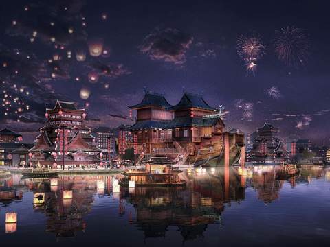 Night view of ancient Chinese-style waterside pavilion commercial street