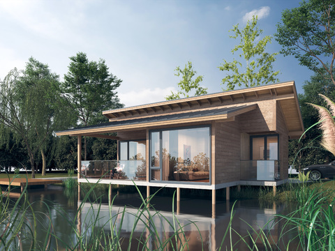 Modern Riverside Cabin Villa Exterior