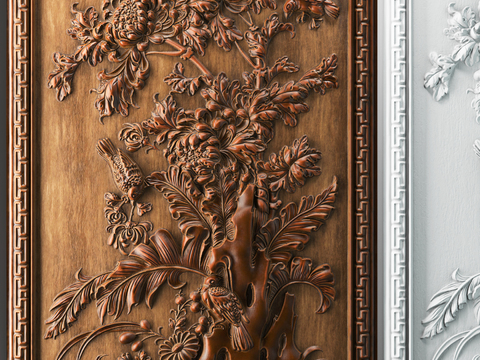 Chinese-style flower and bird wood carving