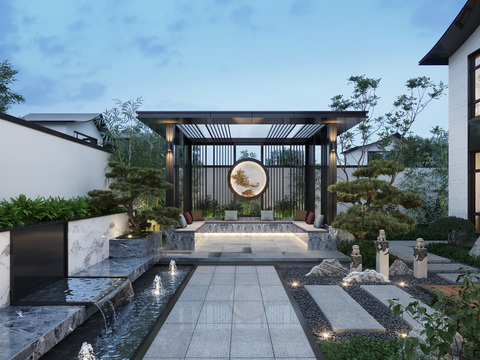 Neo-Chinese Style Villa Courtyard Night View