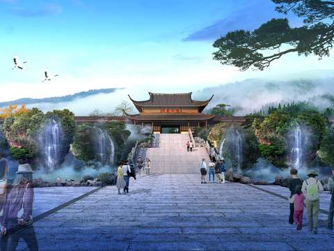 Neo-Chinese Style waterfall flowing water landscape psd