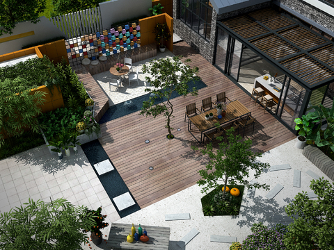 Modern villa courtyard garden bird's eye view