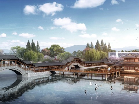 Neo-Chinese Style wetland park covered bridge landscape psd