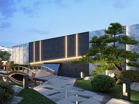 Neo-Chinese Style Villa Courtyard Night View