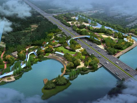 modern seaside highway bridge garden bird's eye view psd