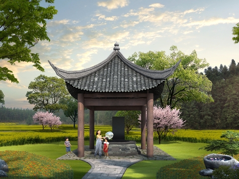 Neo-Chinese Style pavilion park garden psd