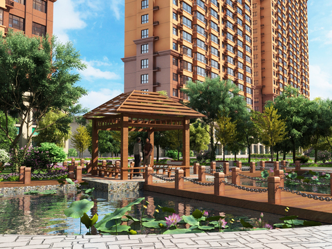 Modern residential area pavilion pond landscape