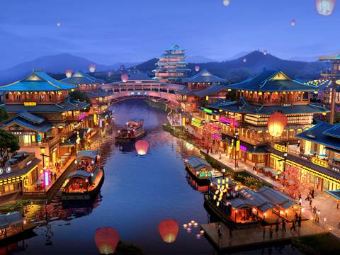 New Chinese River Boat Lantern Landscape psd