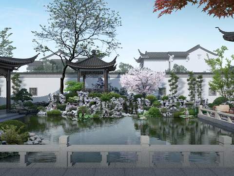 chinese courtyard garden landscape psd