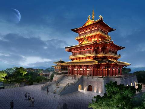 Chinese ancient building tower landscape psd