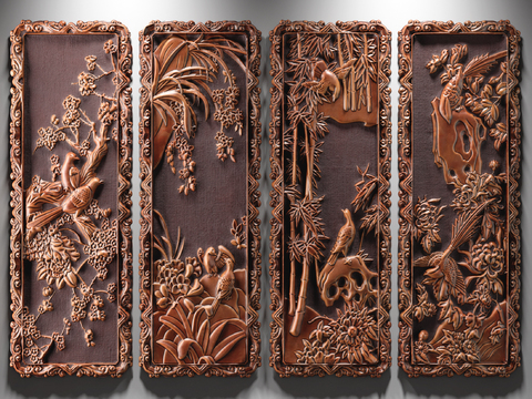 Chinese Plum, Orchid, Bamboo and Chrysanthemum Wood Relief