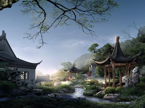 Neo-Chinese Style river pavilion rest pavilion pavilion psd