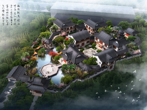 Neo-Chinese Style courtyard house appearance bird's eye view psd