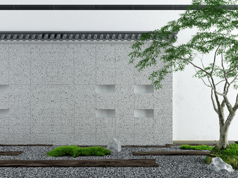 New Chinese landscape tree stone brick wall landscape sketch