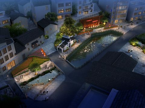 new chinese residential building appearance bird's eye view night scene psd