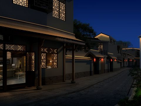 Neo-Chinese Style residential building exterior night scene psd