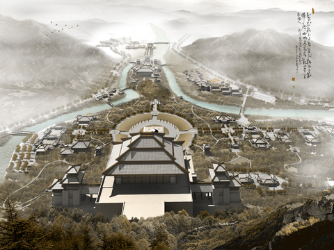 Chinese ancient temple bird's eye view psd