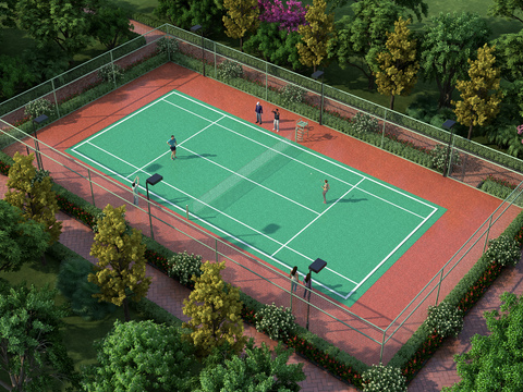 Bird's-eye view of modern outdoor badminton court