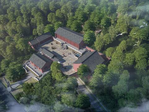 Neo-Chinese Style courtyard house appearance bird's eye view psd