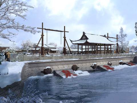 Neo-Chinese Style lakeside pavilion snow scene psd