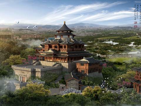 Chinese ancient building folk appearance bird's eye view psd