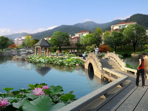 modern river corridor bridge lotus garden psd