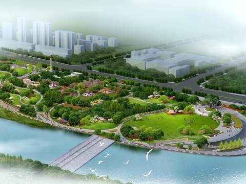 modern riverside park landscape bird's eye psd