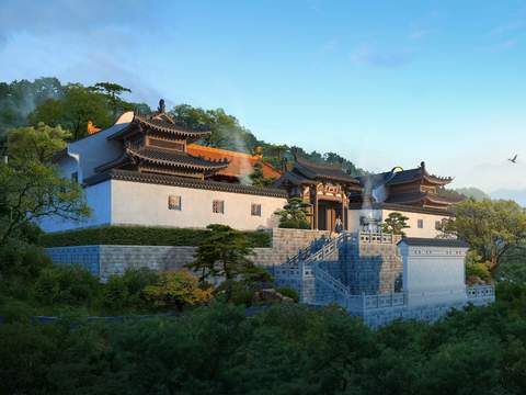 Neo-Chinese Style mountain temple architectural appearance psd