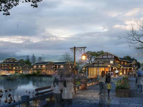 Neo-Chinese Style wetland garden commercial street landscape psd