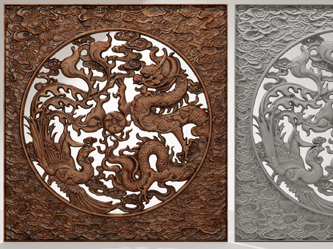 Chinese solid wood dragon and phoenix relief