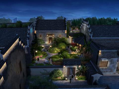 chinese style courtyard house night scene psd