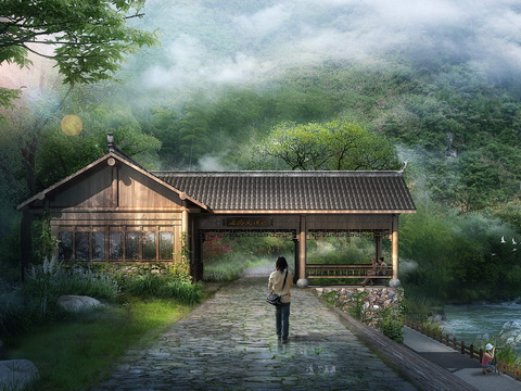 Chinese mountain pavilion village pavilion psd