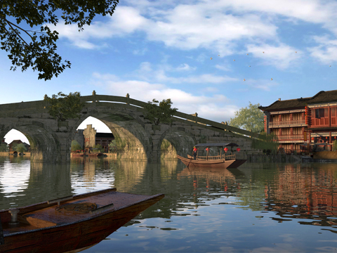 Ancient River Landscape of Chinese Arch Bridge