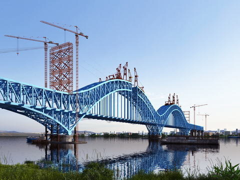 Landscape of modern steel structure river-crossing bridge