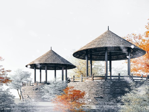 Chinese-style round thatched pavilion