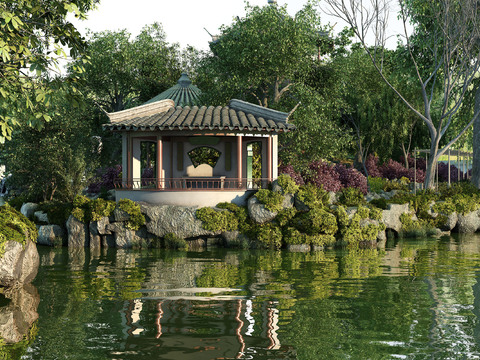 Chinese pavilion lakeside landscape