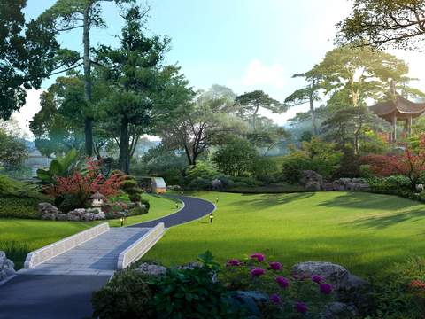 Neo-Chinese Style park landscape psd