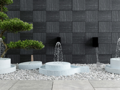 Modern courtyard pine tree water feature sketch