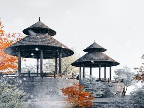 Chinese Round Thatched Pavilion with Heavy Eaves