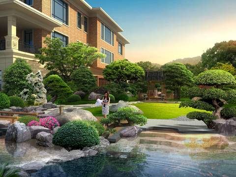 rockery stone courtyard green plant landscaping psd