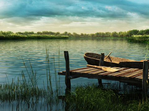 Modern Wooden Boat Wharf Wetland Park Landscape