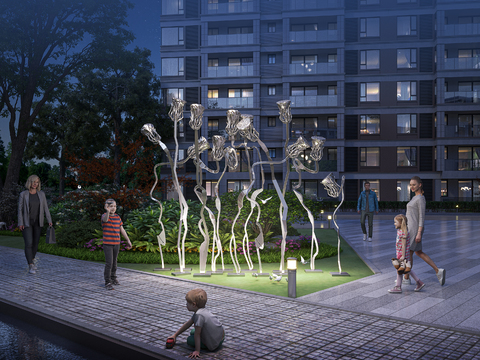 Residential Landscape Plant Pile Sculpture Night Scene