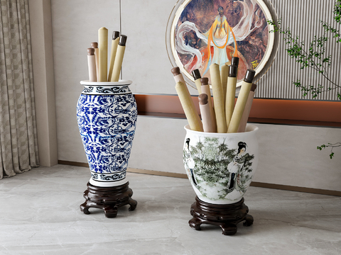 New Chinese-style blue and white porcelain scroll painting and calligraphy cylinder