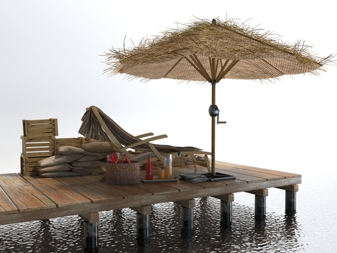 Quiet Wooden Bridge Outdoor Lounger Thatch Umbrella Wooden Box