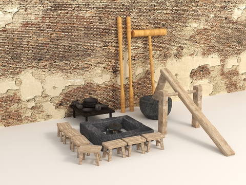 Agricultural tools sketch, oil tea, rice cake, stone mortar